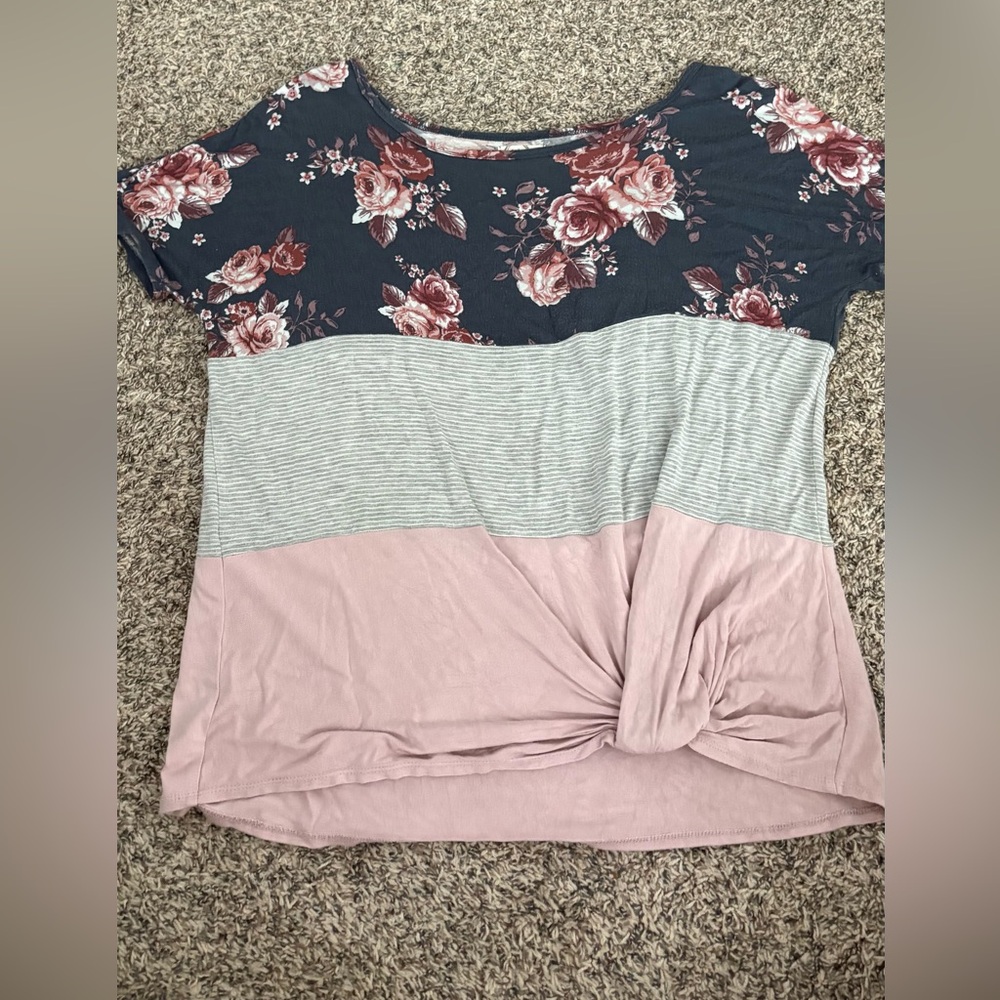 Maurices Floral and Striped Short Sleeve Top
